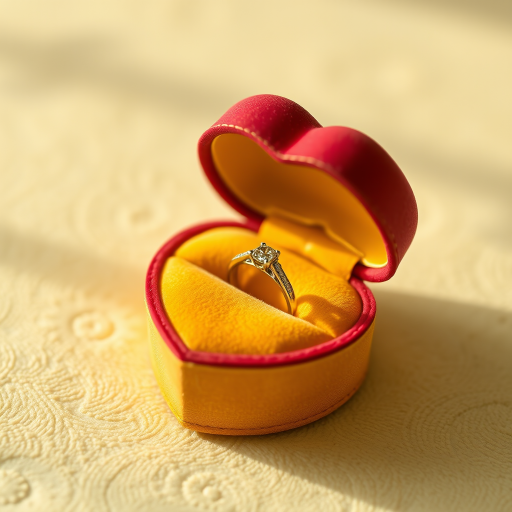 Create a high-resolution image of an open heart-shaped ring box with a silver ring inside on a soft yellow velvet interior, use a Canon EOS R5 with an 85mm lens, aperture f/2.8, ISO 100, natural lighting, and a shallow depth of field for a dreamy effect.