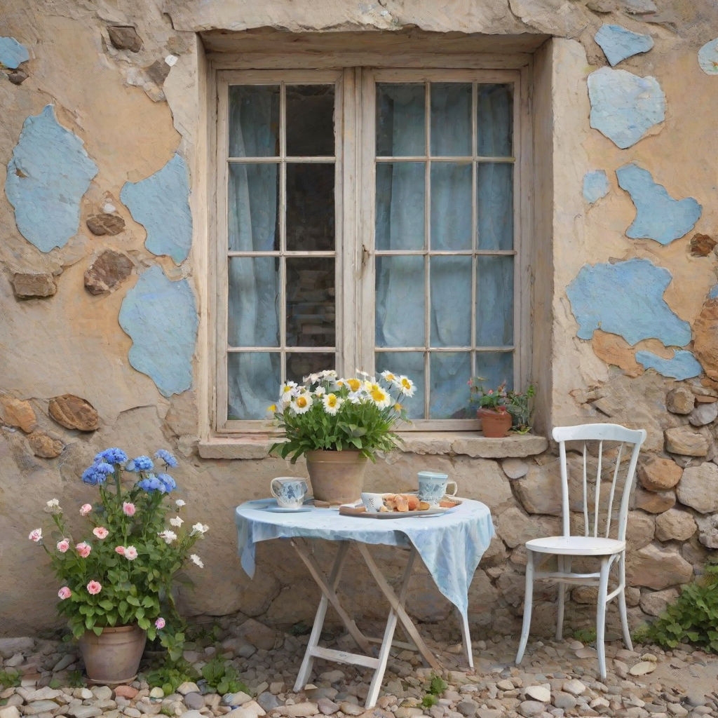 Create an amazing realistic watercolor image, The background is a crumbling wall beige and pale blue with the old wooden window. front of the wall has an old white table with two chairs. The soil is stones. Both of side of the image amazing flowers visible.
