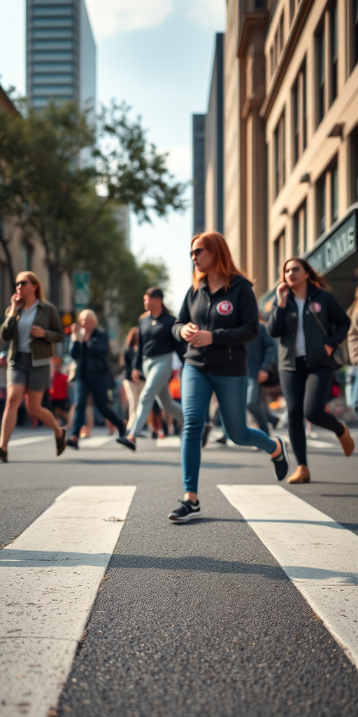 Regenerate an image of pedestrians crossing a busy street, focus on the feet in motion, use a Canon EOS R5, aperture f/2.8, shutter speed 1/250s, ISO 100, wide-angle lens, natural daylight, sharp focus on the foreground with a slightly blurred background to enhance depth.