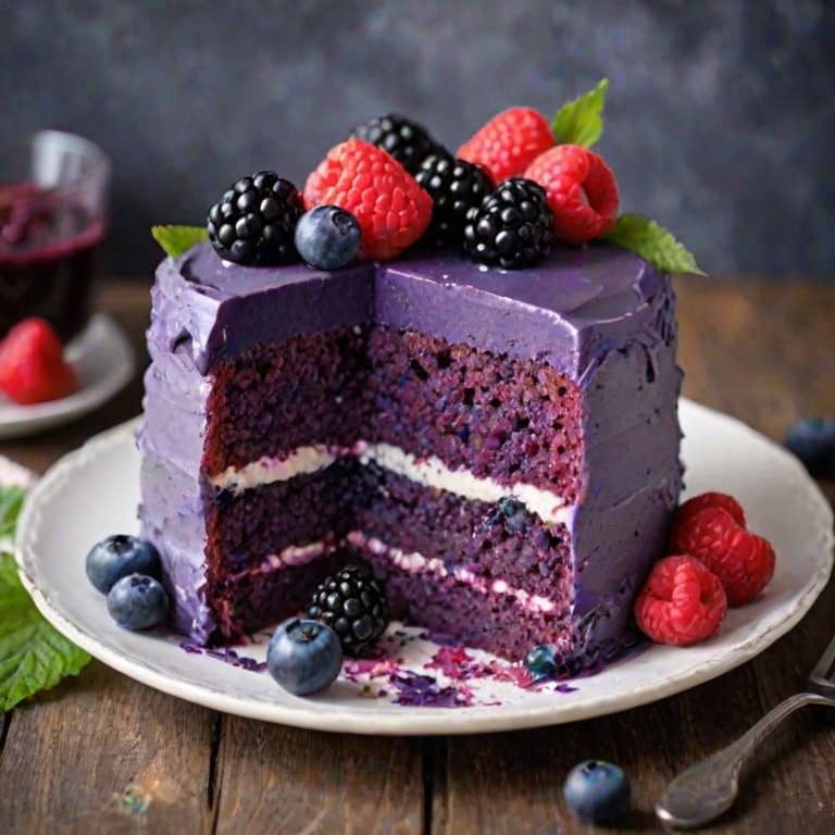 Create an image of a slice of purple cake with three layers, topped with fresh blackberries, raspberries, and blueberries. The cake should have a smooth purple frosting and be presented on a white plate, with some berries scattered around the plate. Include a softly blurred background with hints of greenery and flowers to create a warm, inviting atmosphere.