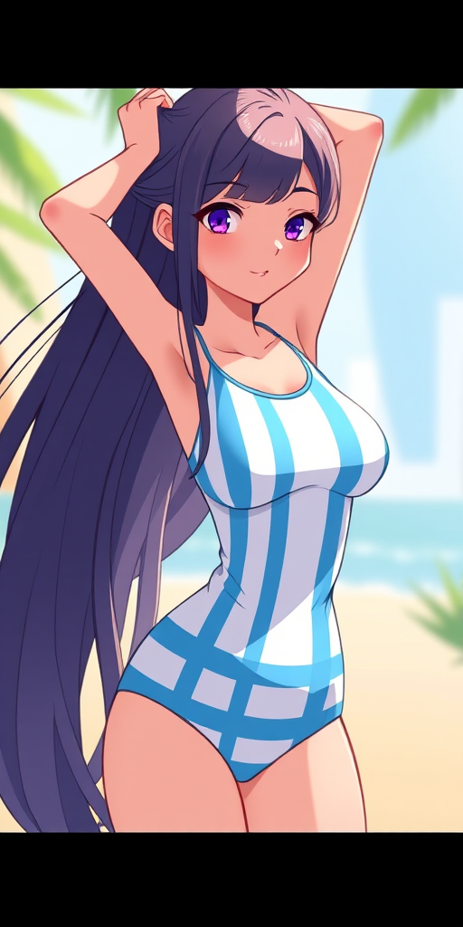 Create a digital illustration of a stylized character with long hair, wearing a striped swimsuit, standing with hands in hair, using a Canon EOS R5 with 50mm f/1.2 lens, aperture at f/2.8, ISO 100, in soft daylight, focusing on details and vibrant colors.