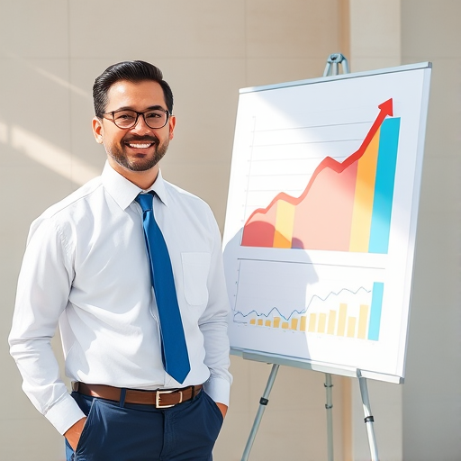 Create a high-resolution illustration of a cheerful businessman in a white shirt and blue tie standing next to a presentation board with a colorful upward-trending graph, using a DSLR camera with a 50mm lens, f/2.8 aperture, ISO 100, shot in natural light from a slight overhead angle for a professional look.
