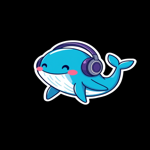 design sticker, Happy Colorful Blue whale wearing Headphones, kawaii, contour, vector, black background
