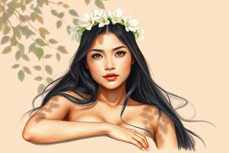 create a watercolor painting of an ethereal portrait of beautiful Maori woman with a simple white flower crown on her head. Her hair is long and she is lying on the ground. The sunlight on the trees casts shadows from the leaves on her face and body. The background is a neutral brown color that matches her skin tone. The image is minimalist and solid colors. This style is characterized by soft, delicate brushstrokes and a light, airy, contrasting color palette. High level of detail and play of light