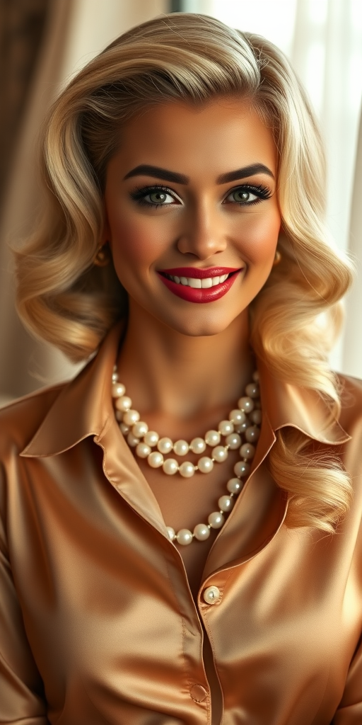 A beautiful Hispanic woman reminiscent of 1950s Hollywood glamour, with perfectly styled blonde hair and a seductive smile, dressed in a satin blouse and adorned with pearls, soft and warm tones, photorealistic, 8K