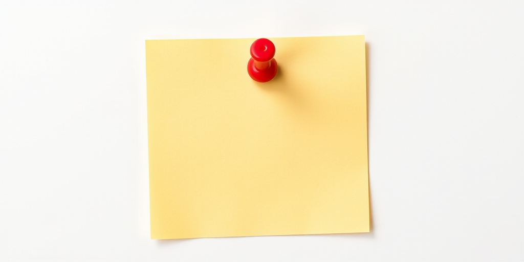 Create a high-resolution image of a blank yellow sticky note with a red pushpin at the top center, captured with a Canon EOS R5 at f/2.8, ISO 200, 50mm lens, top-down view, soft lighting, and a clean background for enhanced clarity.