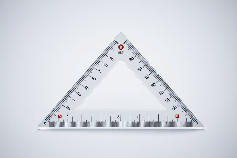 Create a high-resolution image of a triangular ruler with clear markings and a transparent background, using a Canon EOS 5D Mark IV camera, 50mm lens, f/8 aperture, ISO 100, and a focus on the details of the ruler.
