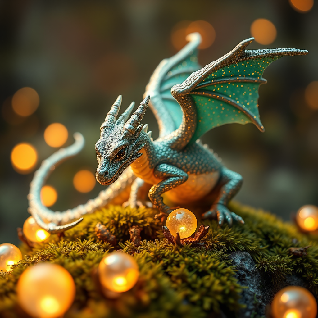 Regenerate a high-resolution image of a glittery dragon perched on moss with glowing orbs around it in a mystical forest setting, using a DSLR camera with a 50mm lens, aperture set to f/1.8, ISO 200, shutter speed 1/100 sec, soft focus effect with warm lighting and enhanced colors.
