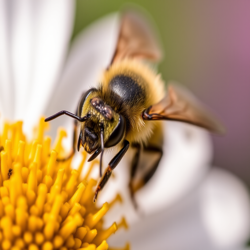 Close-up of a bee on a flower, natural lighting, macro photography, aperture f/2.8, shutter speed 1/200s, ISO 100, DSLR camera, 100mm macro lens, shallow depth of field, vivid colors.