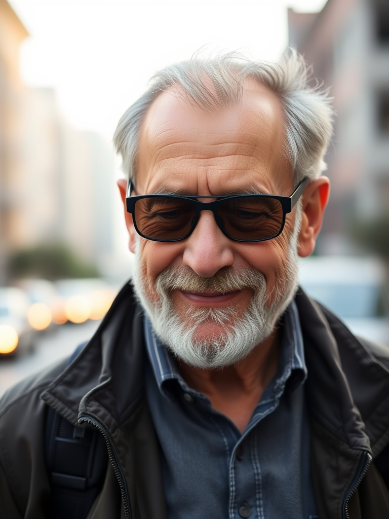 portrait of an older man with a beard and sunglasses, wearing a jacket, smiling softly, blurred city background, captured using a DSLR camera, 50mm lens, aperture f/1.8, ISO 100, shallow depth of field, natural light