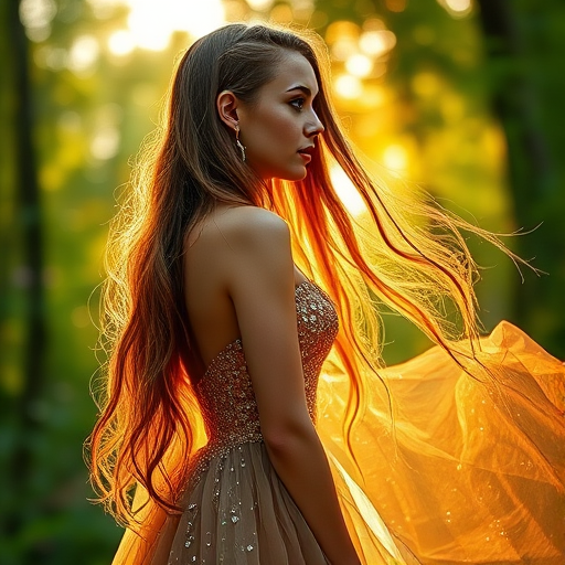 Create an ethereal image of a young woman with long, flowing hair wearing a shimmering, jewel-toned gown in a lush forest, soft focus, golden hour lighting, 85mm f/1.4 lens, shallow depth of field, using a full-frame DSLR camera.