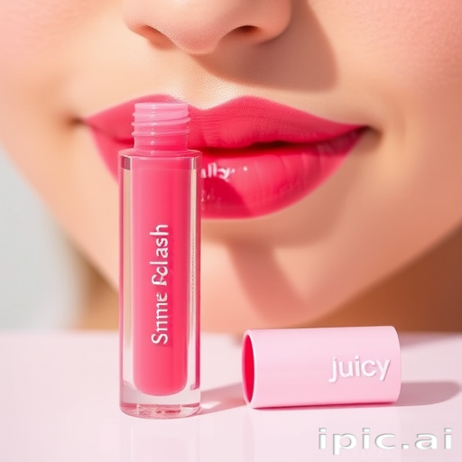 Juicy watermelon pink lip stain with a glossy finish, dubbed "Summer Splash," providing long-lasting hydration and a fruity scent, perfect for achieving a fresh, youthful appearance