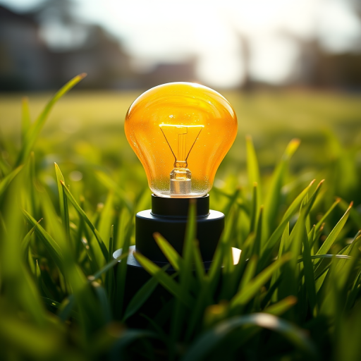 Create a vibrant graphic of a yellow light bulb on a black base surrounded by green grass, with a high-resolution digital display, using a 50mm lens at f/2.8 aperture, shot from a low angle to enhance depth, using a DSLR camera.