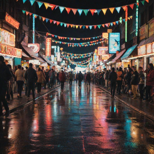 Blurry candid shot of a street carnival at night, colorful lights and flags fluttering in the breeze, with soft reflections of neon signs on the wet pavement and distant laughter barely audible in the background.