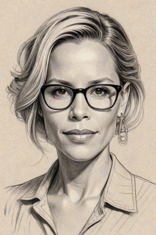 Dazzling Maria Bello, pencil sketch, portrait of Attractive woman 1937s in glasses, hair style beatnik, outline, clear lines, fine lines, 8k