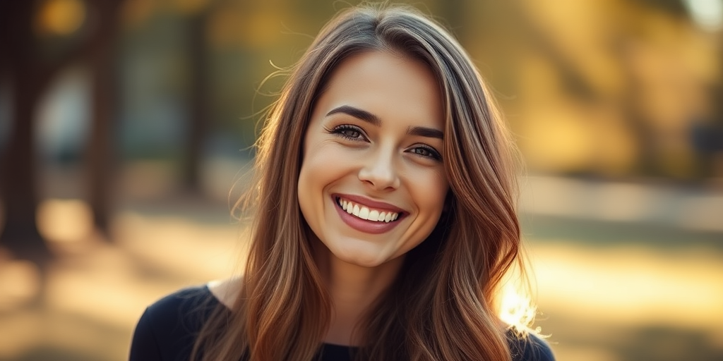 Generate a warm outdoor portrait of a woman smiling with long hair in soft natural light, DSLR camera, aperture f/2.8, ISO 100, 50mm lens, shallow depth of field, slight bokeh in the background.