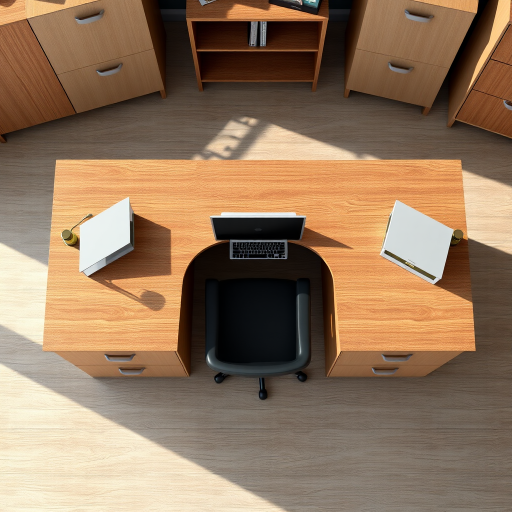 Create a highly detailed 3D render of a modern office desk with two filing cabinets on each side, top-down view, using a DSLR camera set to f/8 aperture, ISO 100, shutter speed 1/60 sec, in natural lighting, focusing on the texture and finish of the wood and metal components.