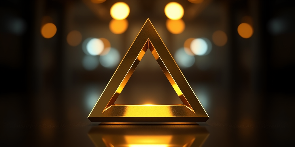 Design a three-dimensional golden triangle, high-quality 4K resolution, focus on reflections and lighting, shot with a DSLR camera, 50mm lens, f/1.8 aperture, ISO 100, soft focus background, dramatic lighting to enhance the metallic texture.