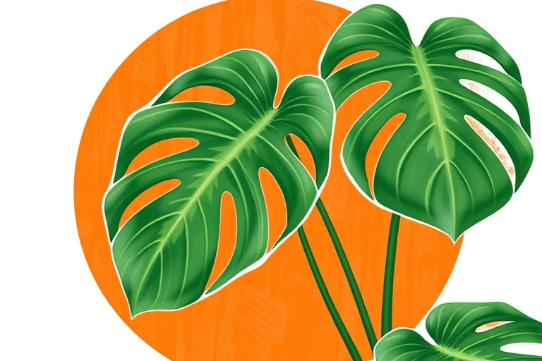 regenerate an illustration of two monstera leaves in green with white outlines on a textured orange circular background, using a DSLR camera, 50mm f/1.8 lens, f/2.8 aperture, ISO 200, 1/60s shutter speed, with bright soft lighting to enhance detail and vibrancy