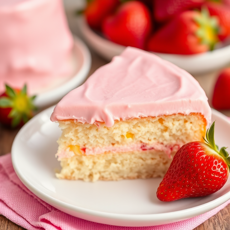 A close-up of a slice of pink frosted cake on a white plate with a fresh strawberry on the side, set on a textured pink napkin, with a blurred background showcasing more cake and strawberries. The cake has a smooth, shiny glaze and a fluffy interior, emphasizing its moist texture.