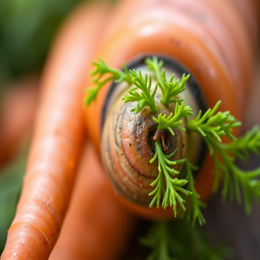 A realistic close-up of a fresh carrot with vibrant green leafy tops, captured in natural light using a Canon EOS R5, aperture set to f/2.8, shutter speed at 1/125s, ISO 100, in a soft-focus style to enhance detail and texture.