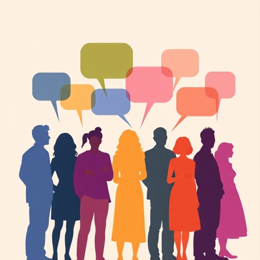 Create an illustration of a diverse group of silhouettes in various colors standing together with overlapping speech bubbles above them, use a high-resolution digital art style, with a 50mm lens, f/2.8 aperture, and a Canon EOS R camera for enhanced clarity and depth of field.
