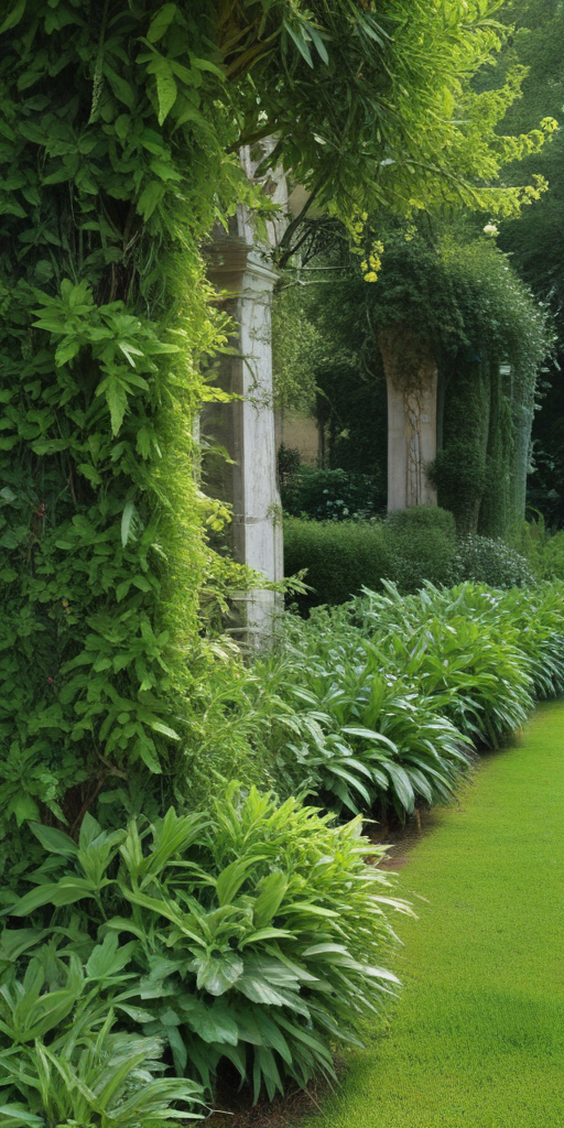 Lush Greenery Embraces Ancient Columns in a Serene Garden Landscape