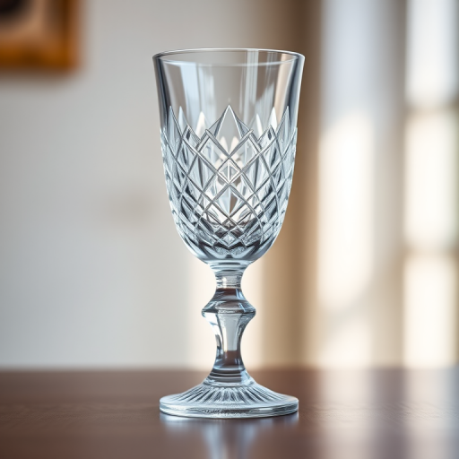 Generate a high-quality image of a crystal goblet with intricate diamond patterns, set against a soft-focus background with natural light, using a DSLR camera with a 50mm lens, aperture f/1.8, ISO 100, shot from a slightly elevated angle to emphasize its details.
