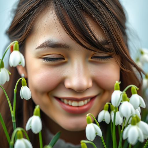 Create a close-up portrait of a person gently smiling, surrounded by snowdrop flowers, with a soft pastel background featuring light shades of blue and white, using a DSLR camera at f/2.8 for a shallow depth of field, ISO 100, and a 50mm lens, capturing natural light to enhance texture and detail.