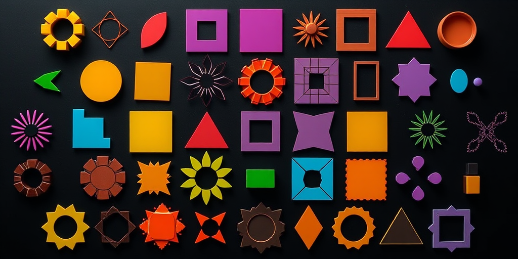 Create a high-resolution grid of colorful geometric shapes and patterns on a black background, using a DSLR camera with a 50mm lens, aperture set to f/2.8, ISO 100, and a top-down view, ensuring crisp details and vibrant colors for each shape.
