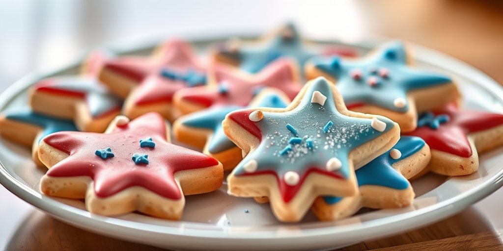 Regenerate a colorful plate of star-shaped cookies decorated with red, white, and blue icing, using a DSLR camera with a 50mm lens, f/2.8 aperture, ISO 200, focus on cookies with a shallow depth of field and soft bokeh background, bright natural lighting.