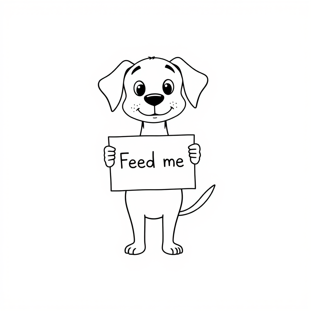 A minimalist cartoon of a PUPPY standing on a blank white background, holding a sign that simply says, 'Feed me.' The puppy is drawn with just a few lines: big eyes, whiskers, floppy ears, and a straight tail, giving it a comically desperate expression.