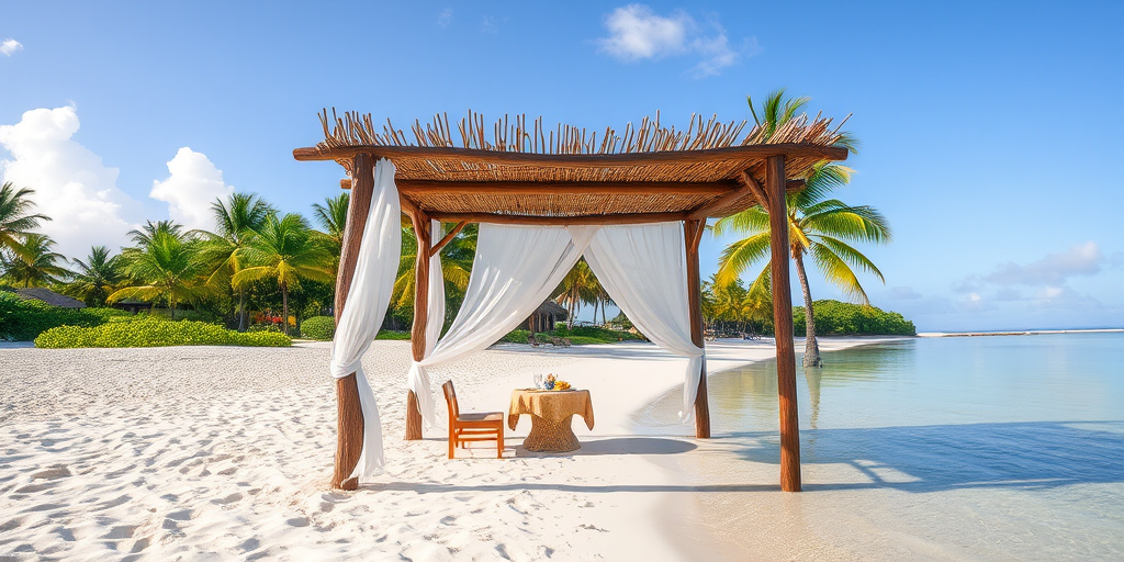 Create a picturesque tropical beach scene featuring a serene, white sandy shore. In the foreground, there's a rustic wooden canopy with white drapes gently flowing in the breeze. Underneath the canopy, a table is set with tropical decor, evoking a sense of relaxation and leisure. The beach extends into a calm, shallow water area with reflections of the sky and surroundings. Palm trees and lush greenery line the edge of the beach, providing a natural, tropical backdrop. The sky is clear with a few scattered clouds, and the overall atmosphere is tranquil and inviting, perfect for a peaceful retreat.
