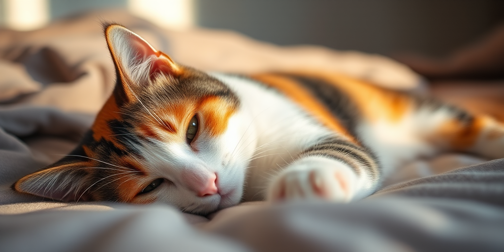 highly detailed close-up of a relaxed calico cat lounging in soft natural light on a cozy bed, shallow depth of field, f/1.8 aperture, 50mm lens, ISO 100, shot with a DSLR camera, golden hour lighting