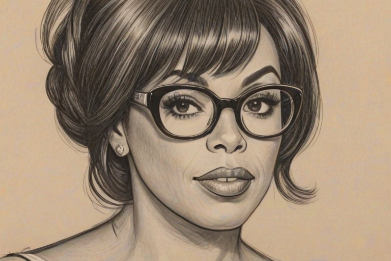 Appealing Niecy Nash, pencil sketch, portrait of Fetching woman 1965s in glasses, hair style beatnik, outline, clear lines, fine lines, 8k