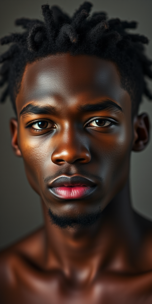 portrait of a young African man with textured hair and a serious expression, soft lighting, short focal length, aperture f/2.8, shot with a DSLR camera in a studio setting, high-resolution detail