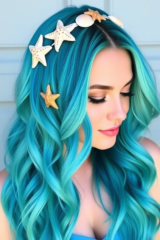 Vibrant teal and turquoise ombre hair styled in loose, beachy waves with seashell and starfish accessories, capturing the essence of a "Mermaid's Treasure" style