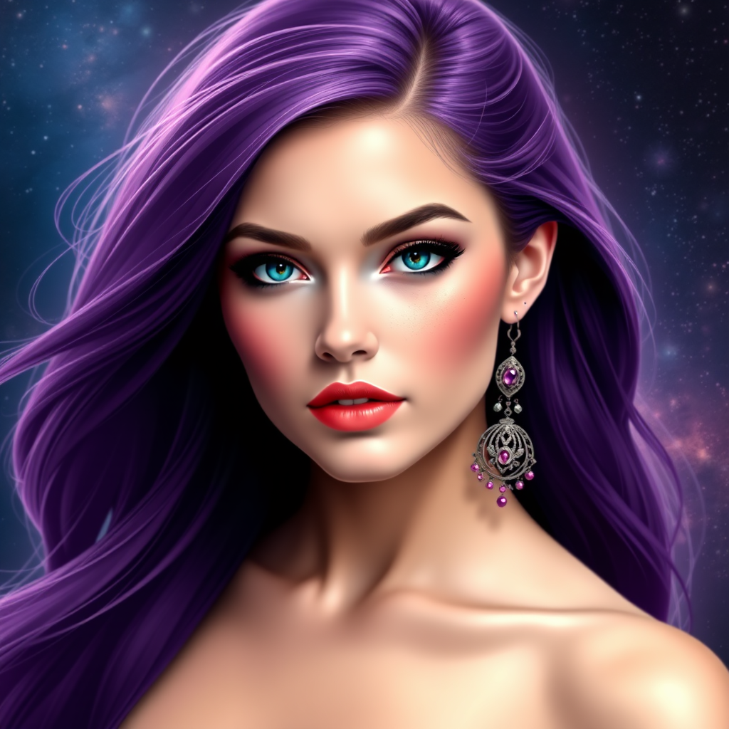 Create a digital portrait of a woman with long purple hair and dramatic earrings, set against a cosmic background, using a 50mm lens at f/1.8, soft flash lighting, in a high-resolution digital art style.