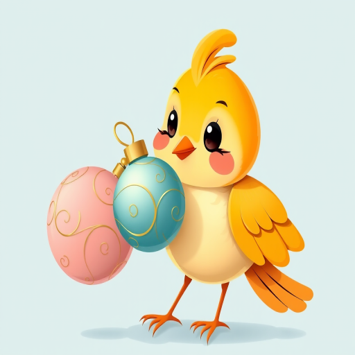 create a whimsical illustration of a cartoon bird holding a bauble with decorative swirls, set against a soft pastel blue background, captured with a high-resolution digital camera at f/8 aperture, 50mm lens, bright soft lighting and overhead angle for enhanced details.
