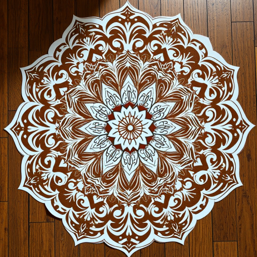 Create a high-resolution mandala design with intricate floral patterns and swirls, shot with a Canon EOS R5, 50mm lens, f/8 aperture, ISO 200, in soft natural lighting, from a top-down view to capture details and symmetry.