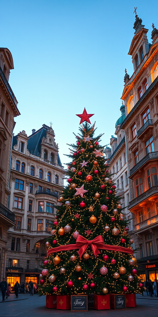 Create an image of a beautifully decorated Christmas tree in a vibrant city square. The tree should be adorned with colorful ornaments and twinkling lights. Surrounding the tree, there are elegant historic buildings with intricate architecture, illuminated by warm golden lights. The sky is a soft blue, indicating twilight, adding to the festive atmosphere.