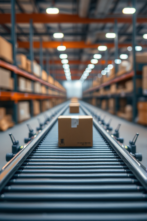 Create an image of a conveyor belt in a warehouse with cardboard boxes moving along it, focus on a single box in the foreground, use a Canon EOS R5 camera, aperture f/2.8, shutter speed 1/125 sec, ISO 200, captured from a low angle perspective, with a shallow depth of field to blur the background lights for added effect.