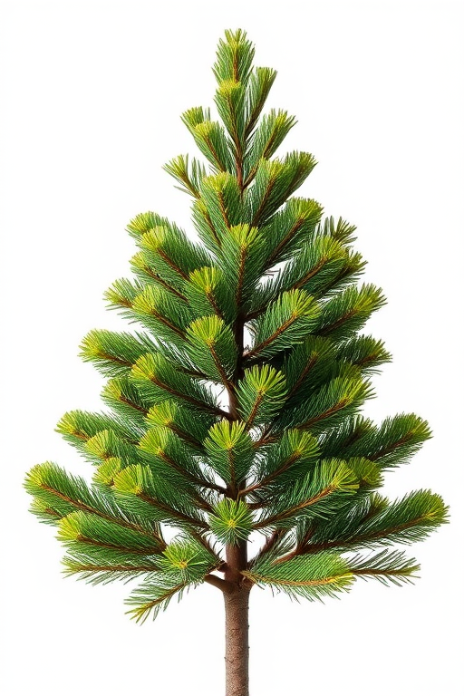 Regenerate a stylized green pine tree against a transparent background, using a DSLR camera with an aperture of f/4, focal length of 50mm, ISO 100, and a shallow depth of field for a clean look.