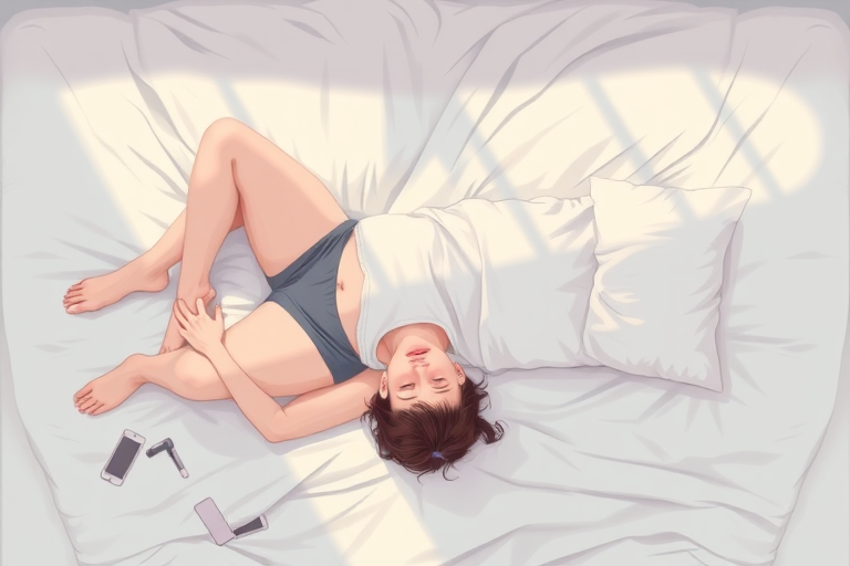create a digital illustration of a person lying on a bed with a relaxed posture, using a soft color palette, 50mm lens, f/2.8 aperture, natural lighting, top-down view, digital art style, high resolution