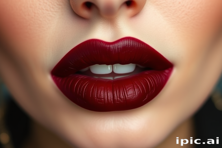 Matte burgundy lips with a perfectly defined cupid's bow and rich, deep color payoff, called "Vintage Vamp Velvet"