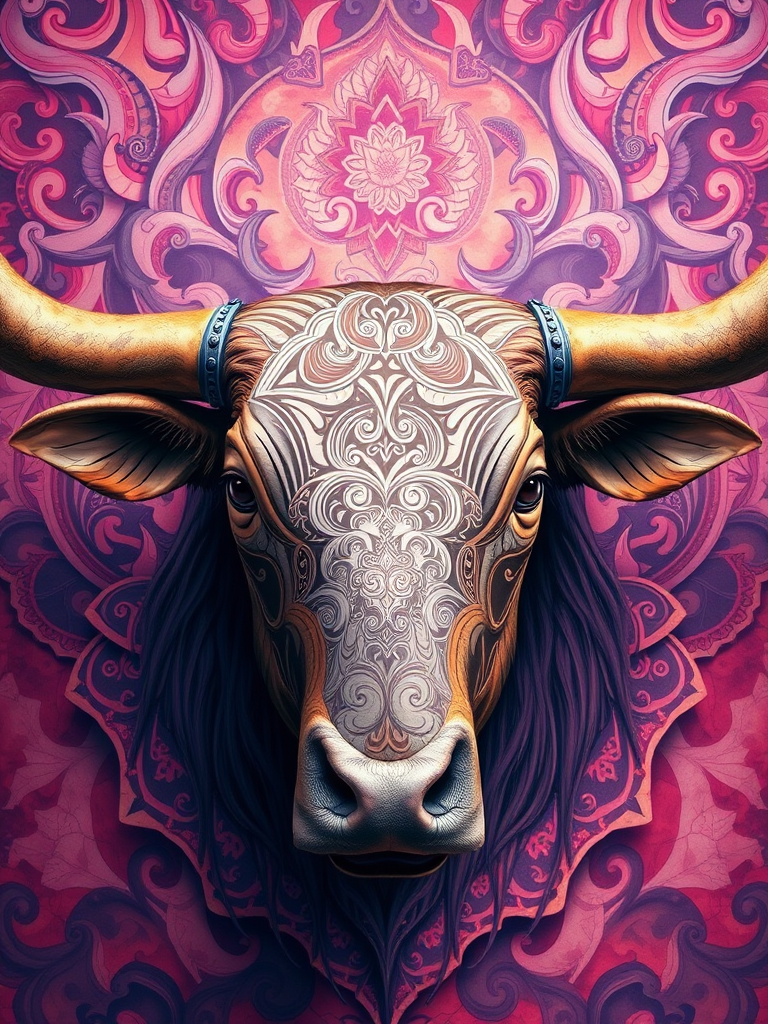 Create a detailed illustration of a bull's head with intricate patterns and a mystical background, using a Canon EOS 5D Mark IV with a 50mm f/1.8 lens, shot at f/5.6, ISO 200, in a vibrant studio setting with soft diffused lighting to enhance colors and details.