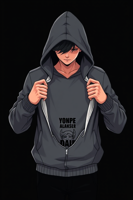 Create an illustration of a person in a hoodie opening their jacket to reveal a smaller version of themselves inside, with a black background, using a DSLR camera at 50mm focal length, aperture f/1.8, ISO 100, and a shallow depth of field for enhanced image quality.