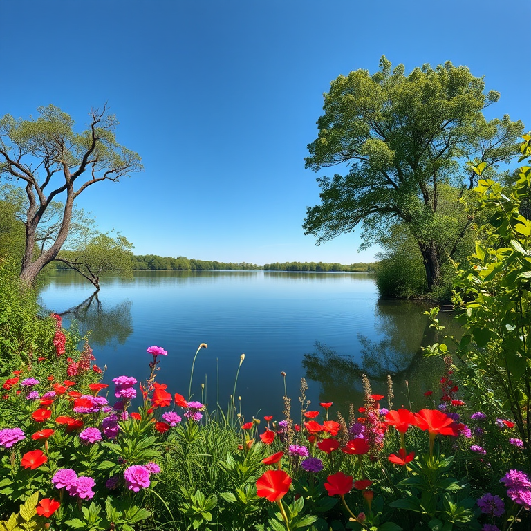 Create an image of a serene landscape featuring a calm lake surrounded by lush trees, vibrant flowers, and a clear blue sky, captured with a Canon EOS R5, 24mm lens, f/11 aperture, ISO 100, in natural light, with a wide-angle view to emphasize depth and tranquility.