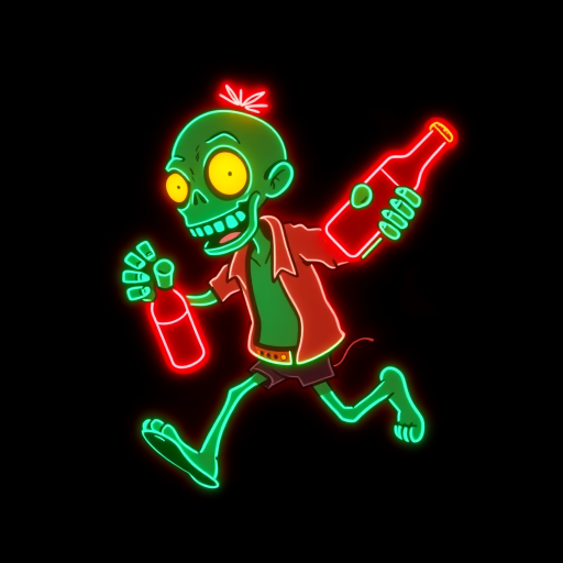 Create an image of a neon sign featuring a cartoon-style zombie in a dynamic pose, holding a bottle. The neon sign should glow in red against a dark background, making the character stand out prominently. The character should appear to be running, capturing attention with its vibrant color and action pose, perfect for advertising or decorative purposes.