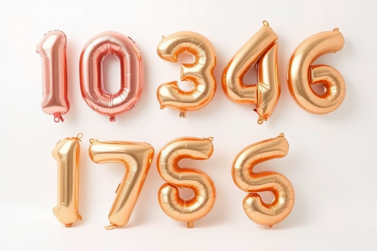 Generate an image of shiny metallic balloons shaped like the numbers 0 to 9 in rose gold and gold colors, arranged in two rows with the rose gold numbers on top and the gold numbers below, using a DSLR camera with a 50mm lens at f/2.8 aperture, ISO 200, and a 1/125 shutter speed, with a bright and well-lit studio setting.